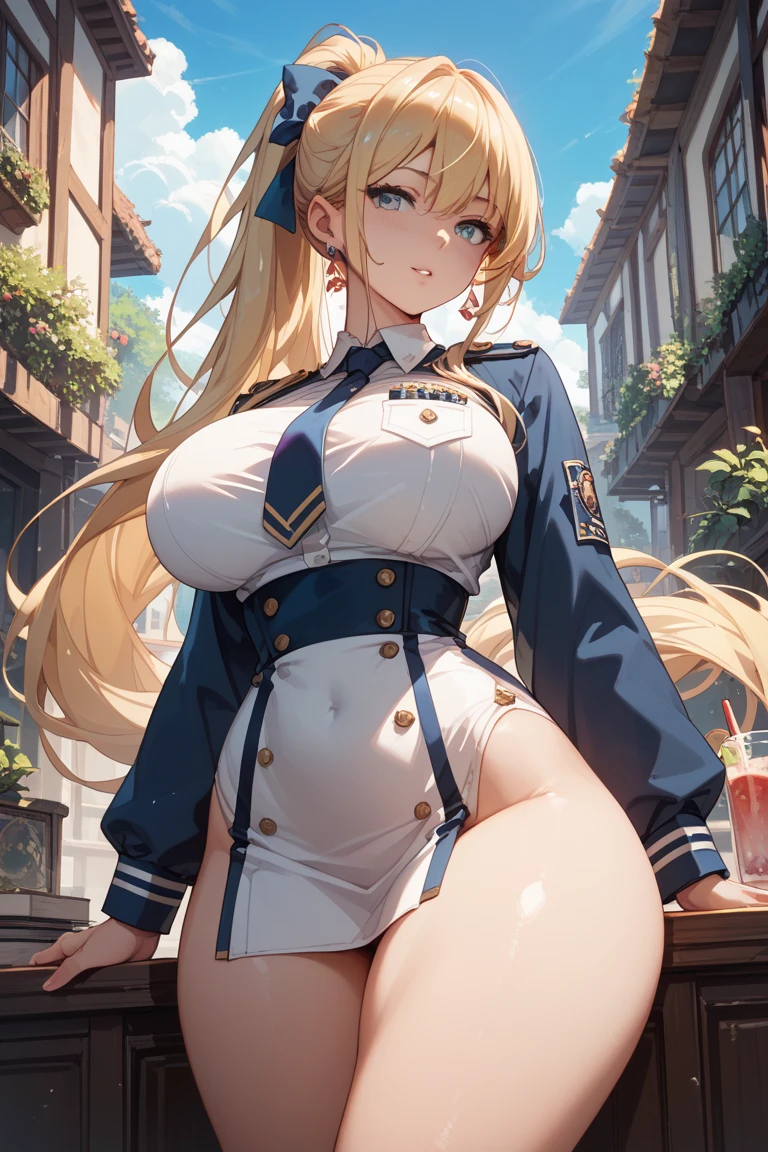 Top quality、Top image quality、masterpiece、girl((18 years old、Blue navel vest、military trousers、Best Bust、Bust 90、Blonde Far Tail、Red Eyes、Open your heart、valley、happiness、Slim、Smile、black turban、Magnum、life jacket,salute))high quality、beautiful art、background((Savage Club、battlefield))、On the table、Well-designed、visual art、((Very large breasts)),((Grooves reveal original skin))