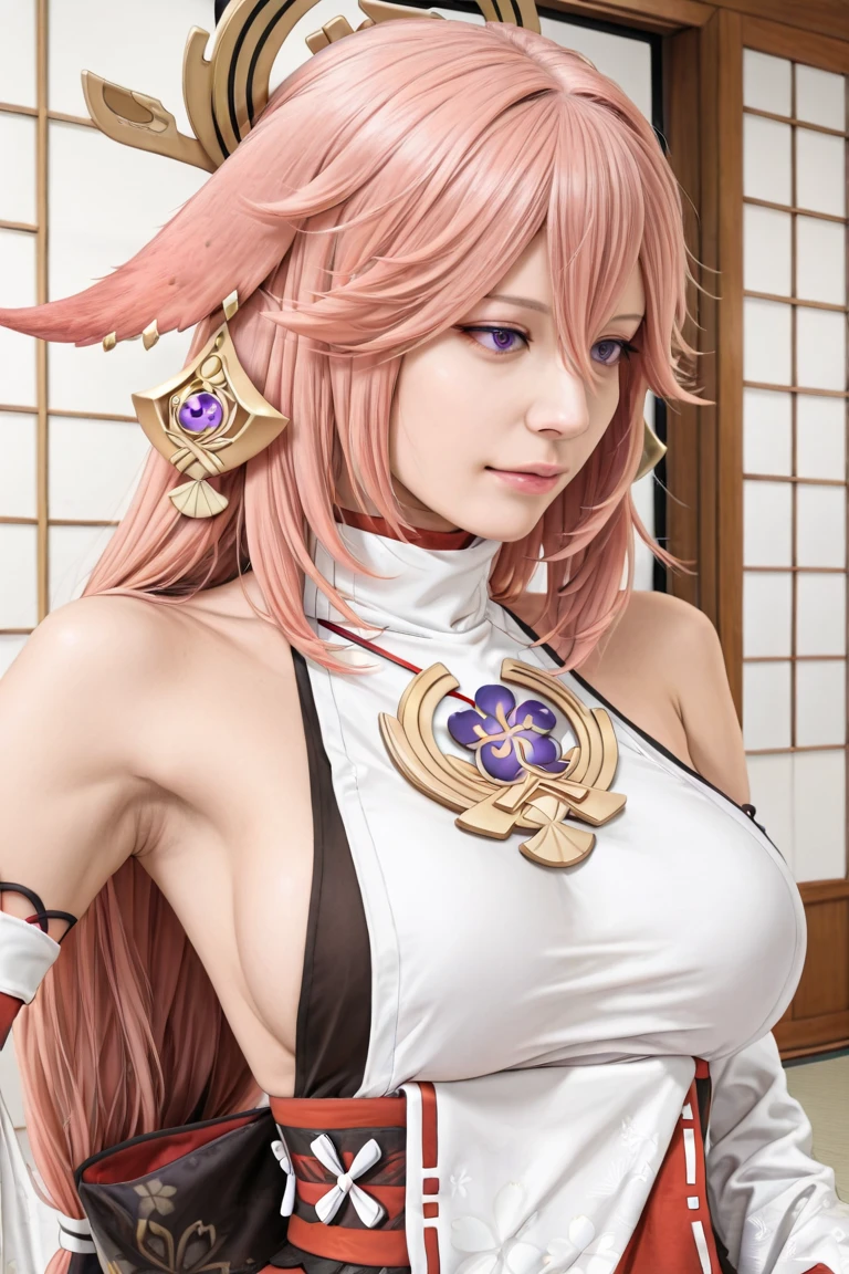 (from below:1.3), good anatomy, photorealistic, Cinematic light, intricate detail, highres, detailed facial features, high detail, sharp focus, aesthetic, extremely detailed, octane render, 1girl, breasts, detached sleeves, bare shoulders, pink hair, long hair, open clothes, best quality, (hair ornament:1.3), yae miko, jewelry, purple eyes, earrings, cherry blossoms, depth of field, japanese clothes, detailed face, thick lips, face focus, naked pussy, <lora:MoreBoobsPleaseV2-M-10:1.5>, <lora:YaeMiko_Test:1>