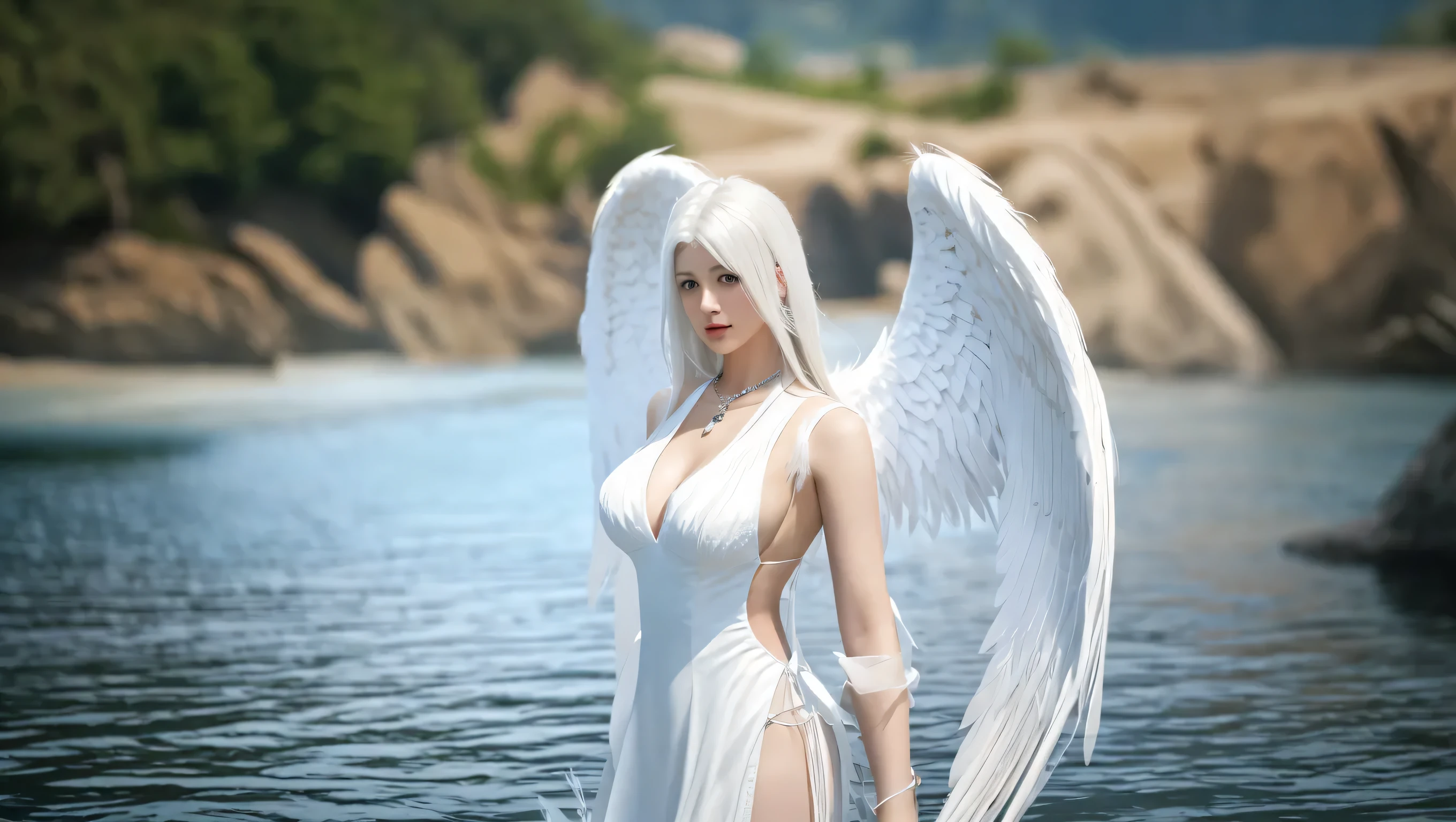 Beautiful tall angel on the beach in bikini with the best quality and best effects best shadows best lighting 8k ultra HD super realistic