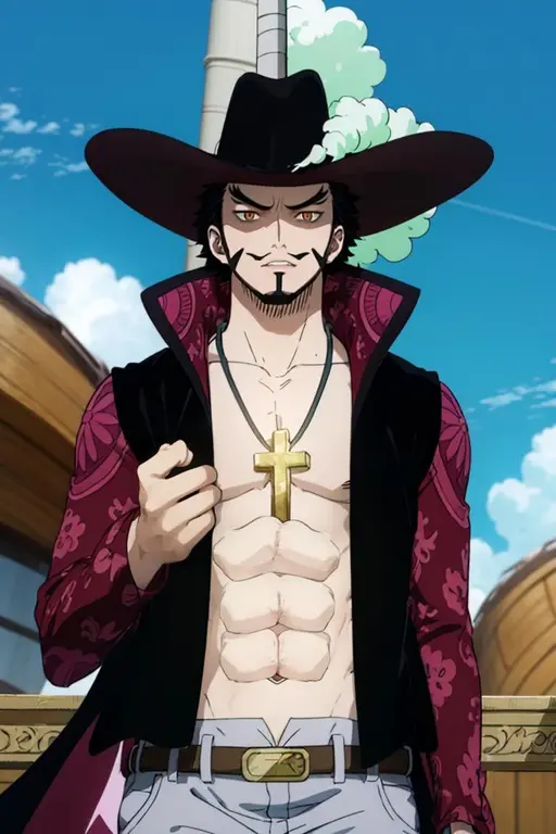 ANIME_OP_dracule_mihawk_ownwaifu,www.ownwaifu.com,
facial hair,beard,abs,black hair,yellow eyes,mustache,muscular,pectorals,goatee,long sideburns,sideburns,short hair,spiked hair,manly,toned,stubble,thick_eyebrows,
hat,jewelry,necklace,belt,coat,pants,open clothes,cross,pirate hat,cross necklace,cape,open coat,bare pectorals,black headwear,fur trim,latin cross,long coat,navel,jacket,open_jacket,topless male,hat_feather,white_pants,
<lora:ANIME_OP_dracule_mihawk_ownwaifu-15:0.9>,, 1girl, solo, looking at viewer,straight-on, upper body, official art, highres, scenery, (masterpiece:1.1), (best quality,:1.1), (high quality:1.1), (anime screencap:1.2),