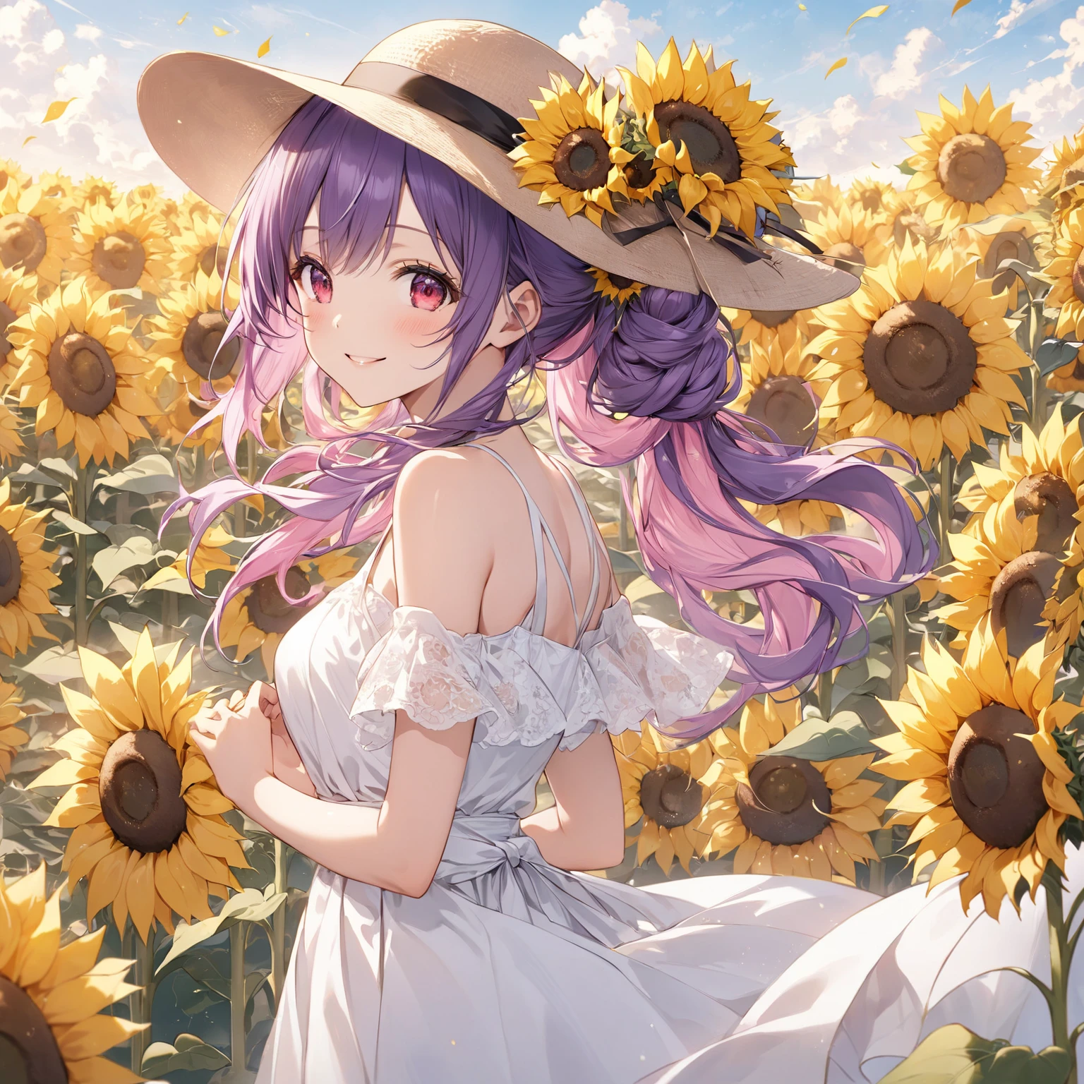 (highest quality:1.2, Very detailed, up to date, Vibrant, Ultra-high resolution, High Contrast, masterpiece:1.2, highest quality, Best aesthetics), Portraiture、girl、Bright colors、Beautiful fine details、Beautiful lip detail、long hair、black and purple ((streaked hair:1.6)), highlights hair: 1.5, rbrown eyes, slim body, small breast, Casual straw hat, white Skirt-style-bikini, t-back shorts, There is a huge sunflower field in the distant background. Open scenery, blue sky, sunny day, bright sunlight, looking back, seductive and sexy look, Cowboy shot,