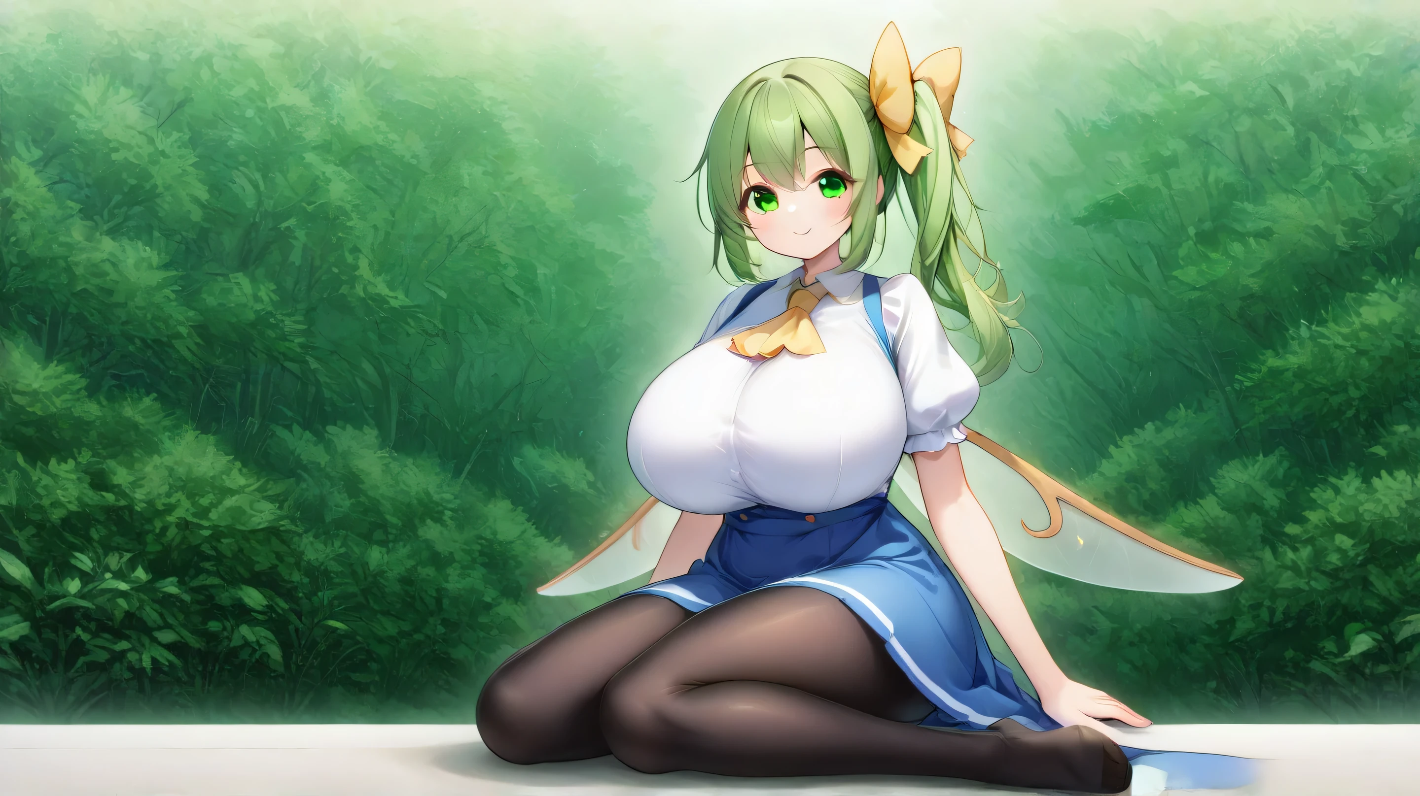 ,,hair ribbon, ascot, skirt, dress, puffy short sleeves, white shirt,,daiyousei, 1girl, solo, green hair, green eyes, hair bow, side ponytail, fairy wings,,,,,,,c, ,,, ,,,,,,,,smile,gigantic breasts,(curvy),,(fine fabric,emphasis),cute,,solo,s,{best quality}, {{masterpiece}}, {highres}, original, extremely detailed 8K wallpaper, {an extremely delicate and beautiful},(young girl),,t,, ,,(foot focus,),,),sitting,pantyhose,