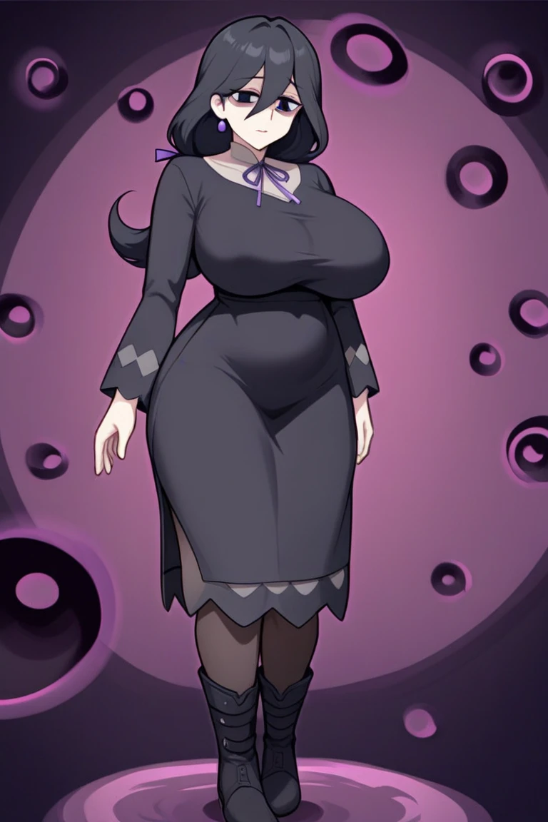 pregnant woman, older, in their 30s, with short purple hair and a tall, curvy body, vista sideways, sideways, breasts big, (work of art, best qualityer:1.2) wearing the legendary great black dress of the mystical sorceress, Big witch hat, breasts big gestante, clothes covering the whole body, detailed mysterious look