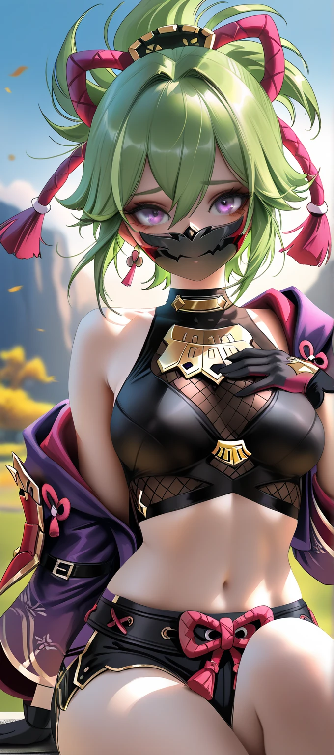 official art,very detailed CG Unity 8k 벽지, 완벽한 light,fancy, bright_front_face_light,glowing skin, (masterpiece:1.0),(best_quality:1.0), ultra high resolution,4K,very detailed, intricate details, photography, realistic, 8 thousand, hdr, mackerel, absurd:1.2, Kodak Portrait 400, film grain, blurred background, bokeh:1.2, lens flare, (vibrant_color:1.2), 1 woman, Shinobu Cookie, Black color_Bikini 1.4, Latex masks:1.4, (big bust:1.3), (mature woman) , (cowboy_launch)