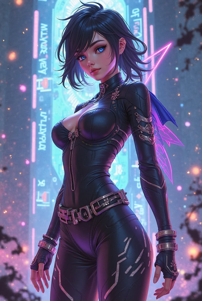 (masterpiece,best quality,ultra detailed,4k portrait:1.5),Punchline,She is wearing a black and purple bodysuit, dressed like a clown, dark Asian hair in a ponytail, stylish costume in cold colors, flexible body, full body shot.