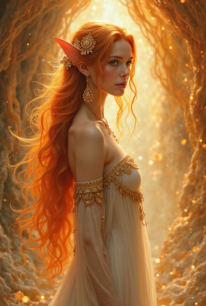 "A stunning heavenly redhead adorned in goddess attire with soft features, set against a renaissance background, in exquisite 5k high resolution."