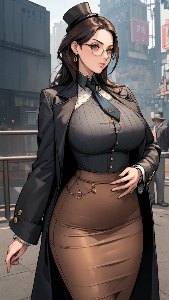 (masterpiece:1.3), (disorganized:1.3), (highest quality:1.3),(perfect anatomy),detailed face,Steam punk, victorian era,Hong kong,Kowloon,horizontal angle,hands,(looking at viewer), (Super detailed:1.3),(best shadow:0.7), solo,1 middle age woman around 40 years old,saggy breast,(treated hair), pulledback hair,fine eyes, beautiful eyes, 1 middle age woman, ((saggy breast)),private detective,alone, standing, crystal earrings,closed_mouth, arm_behind_return, (flock coat,pencil skirt,tie,under rim glasses), rest outdoors, intimidating pose,cowboy shot