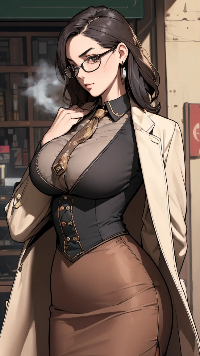 (masterpiece:1.3), (Disorganized:1.3), (best quality:1.3),(Perfect anatomical structure),Delicate face,Steampunk, Victorian Era,Hongkong,Horizontal angle,hand,(looking at the audience), (Super detailed:1.3),(The best shadow:0.7), Solitary,1 Middle-aged woman,Sagging small breasts,(Treated hair), Hair combed back,beautiful eyes, beautiful eyes, 1 Middle-aged woman, ((Breast sagging)),(((Large Breasts、Breast sagging、Low-cut,Cleavage ,Wide hips,)))((Long legs)),Hourglass figure)),hand臂y officer,Solitary, permanent, Crystal Earrings,close_Mouth, hand臂_behind_return, (hand臂y uniform,badge,Pencil Skirt,tie,Bottom frame glasses), rest outdoors, Threatening Posture,Cowboy shooting