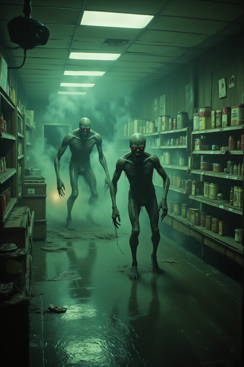 ArsMovieStill, movie still from a 1970s psychological horror film, Novuschroma, monster, nightmare, dread, fear, liminal terror, folklore horror, cursed place,
a decrepit, dimly lit convenience store at midnight, drenched in greenish sickly fluorescent glow, aisles unnaturally long and repeating, shelves fully stocked with decaying goods that haven’t been touched in years, the packaging seems off—as if printed by something that doesn’t understand human language,
a terrified person frozen behind the counter, clutching an old flashlight, face wet with sweat and terror, eyes wide and locked on a grotesque inhuman creature halfway between reality and nightmare
—its limbs twisted backwards, bone cracking with every step, grey translucent skin stretched tight over a skeletal frame, long fingers dragging on the floor, glowing red eyes embedded deep in empty sockets, jagged teeth bared in a silent scream,
it emerges silently from the end of the aisle, accompanied by flickering lights and static-laced whispers from the store speakers,
fog slowly pours from the frozen meat section, crawling along the floor,
a broken security camera above swings side to side, catching glimpses of the creature in stuttering frames,
everything feels wrong—gravity is distorted, sound muffled, as if trapped in a nightmare loop
photorealistic, 8K, physically-based rendering, cinematic horror lighting, vintage color grading, grainy film texture, ultra-detailed, uncanny atmosphere, psychological horror, masterful lighting contrast, cursed nostalgia, nightmarish ambience, liminal dread