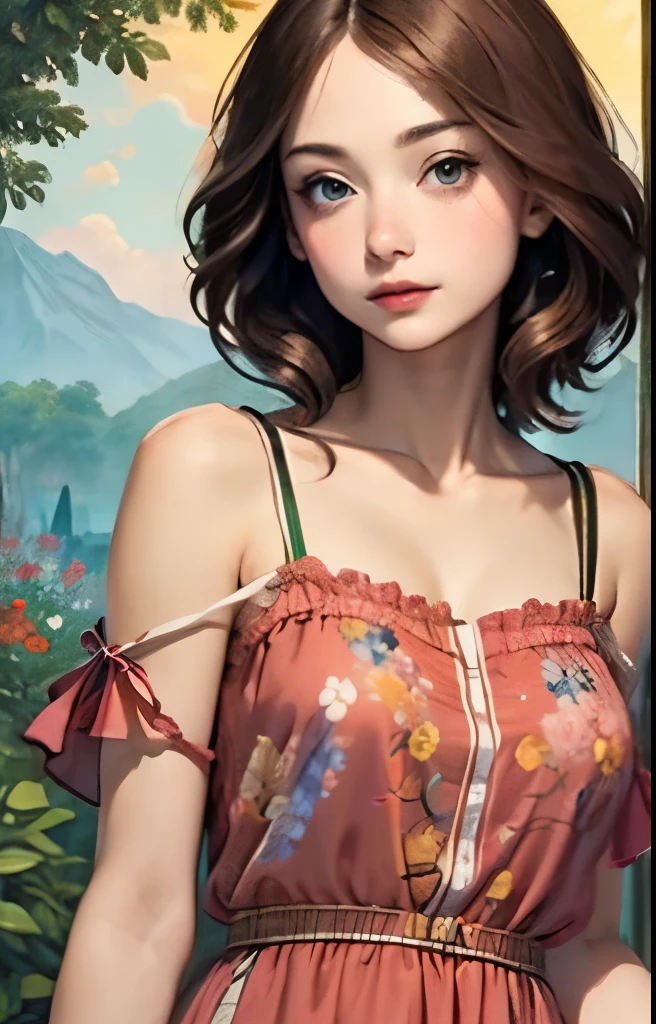 394 ((young woman)),(shorthair),(Neat hair),(floral dress),(Leonardo da Vinci style paintings)