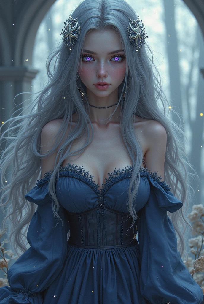 Girl, big hair, wavy hair, light blue hair, shiny hair, blue eyes, detailed eyes, glowing eyes, wearing black sweater, medium boobs, cleavage (amazing detail, cinematic ultra wide angle, hyper detailed, insane detail, hyper realistic, high resolution, cinematic lighting, soft lighting, amazing quality, dynamic shooting, starry sky, moon, flowers, trees, detailed scenery), Strong and vibrant colors 64k,