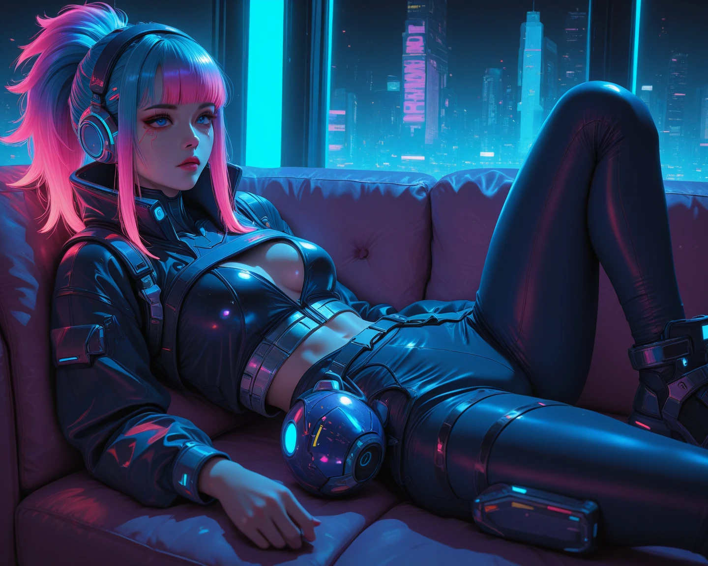 Woman 30 years (Cherry Crush pov), short white hair, sidecut hair, tight sexy white swinsuit, low-cut, black leather jacket, cibernetic accessories, black tight shorts, no bra, beautiful face, super detail eyes, perfect eyes, medium breasts, wet and soft, leaning forward, arms and hands resting on the leg, close, sensual pose, fiery and lascivious wanting more, nice thighs, head turned to look at viewer, perfect hands, blue eyes, purple lipstick, wet skin, neon lights, cyberpunk, cyberpunk neon nighttime scenarium