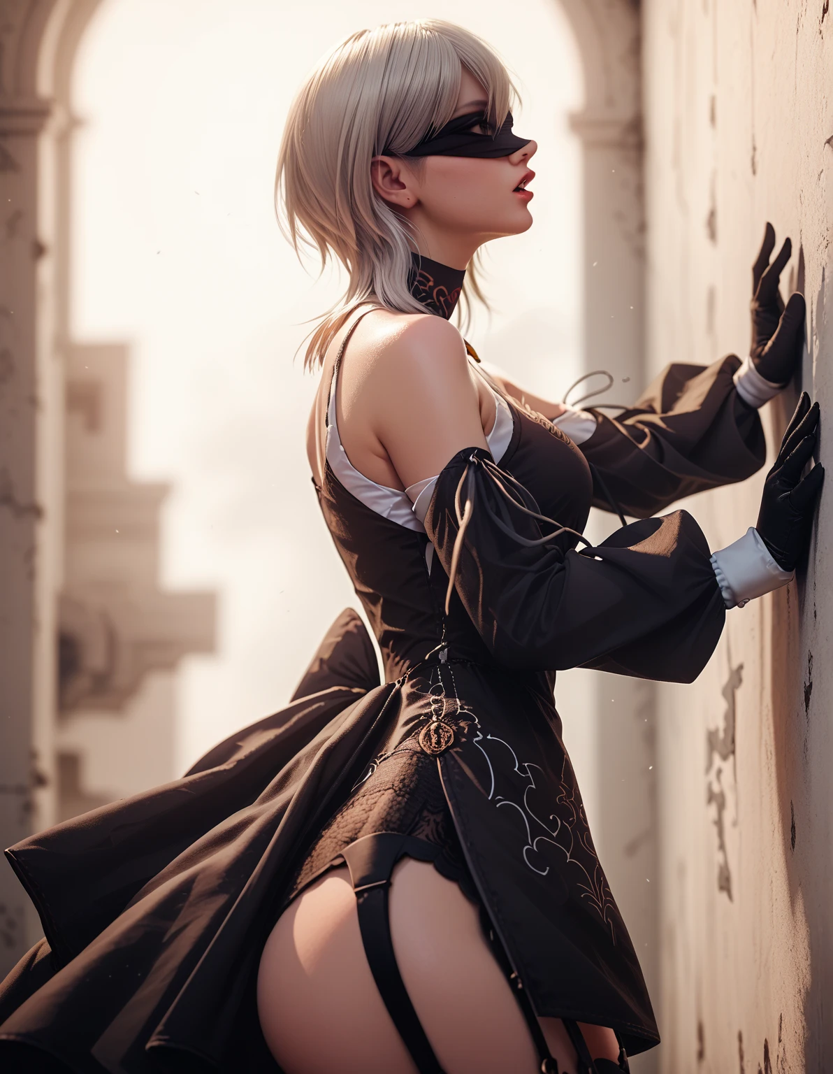 2B Nier Automata,Bobcut, Gray Hair,Long sleeve, Juliet Sleeve, White gloves, turtleneck, bangs, Feather ornament, Feather ornament sleeves, Blindfold, Black Goth Dress,Beautiful back view,Japanese Ultra HD,super high quality,masterpiece,Digital SLR,Photorealistic,Detailed details,Vivid details,Depicted in detail,A detailed face,Detailed details,Super Detail,Realistic skin texture,Anatomical basis,Perfect Anatomy,Anatomically correct hand,Anatomically correct fingers,Complex 3D rendering,Sexy pose,Rainy Sky,Beautiful scenery,Fantastic rainy sky,Fantasy worldview,Picturesque,Pink Lips,Black butterfly々Fluttering,A ruined world,A devastated battlefield,ruins,