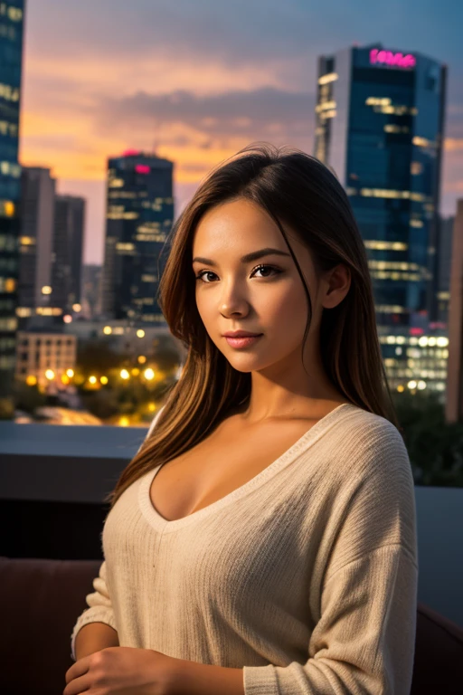 anikaxxx, ultra-realistic, woman posing confidently in a stylish outfit, deep neckline, tight dress, long wavy hair, sun-kissed skin, vibrant city background, photorealistic details, natural lighting.