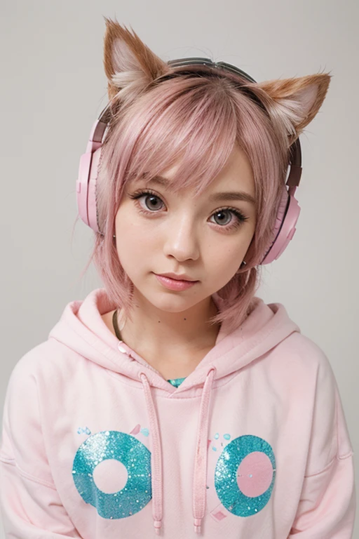 A 10 years old chibi hippy curly black hair girl ,with a cat ear headphone in pink on her head, and she is holding a pink control switch ,with a pink gamer room and led light in the background