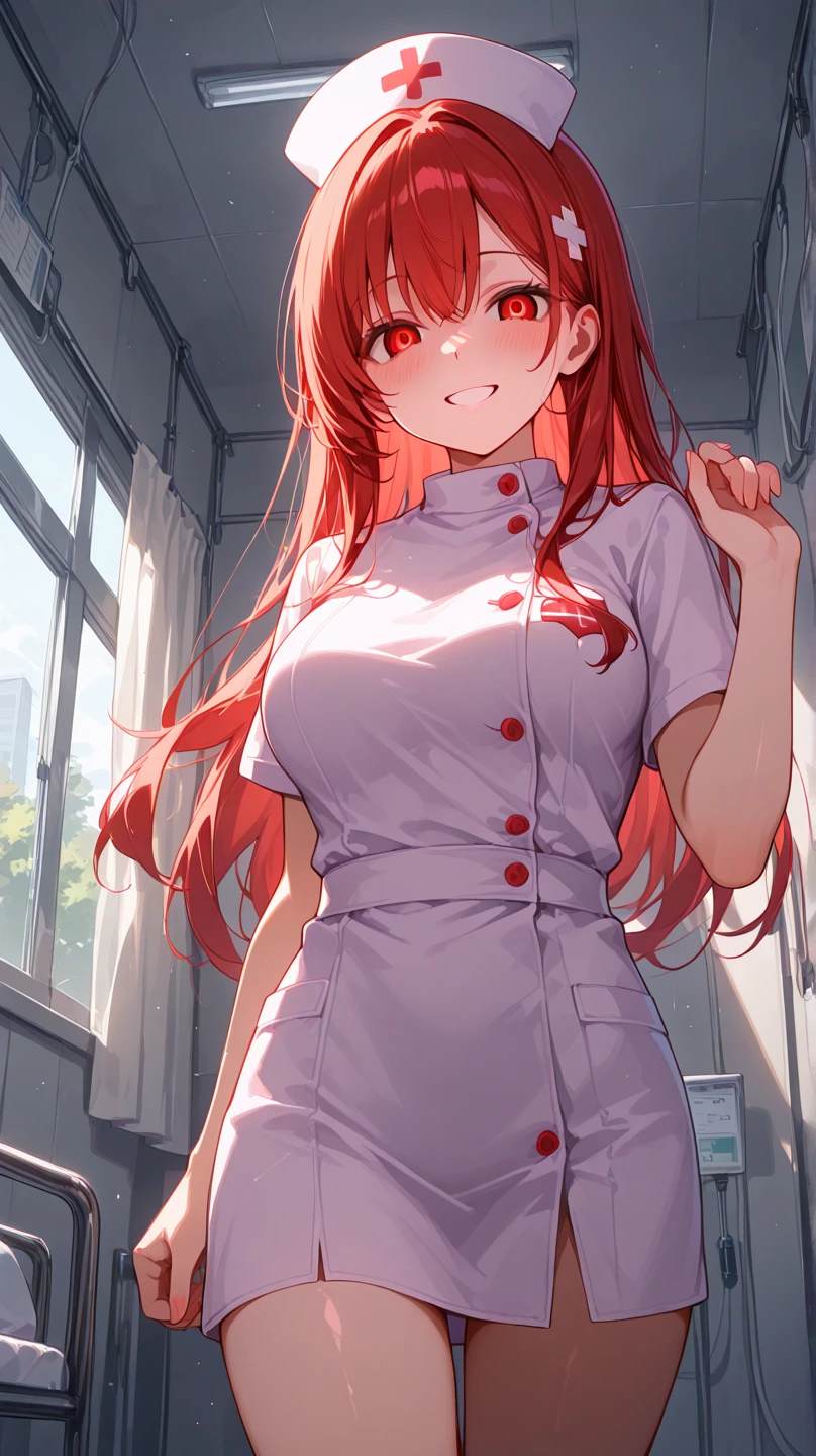 beautician 、Nurse uniform、Highest quality、masterpiece、one person's、22 years old、White skin、Expressionless、Lift the corners of your mouth、Sharp teeth、Pink Hair。Twin tails、Hair Clip、big hair clip、Cute Hair Clips、灰色Eyes、Small red cheeks and nose、Flat Chest、Small breasts、Small breasts、Dead Eyes、deadman'Eyes、break、beautician 、Hospital room、Give the patient an enema、Inject the enema fluid into the patient's portal'School、Blurred patient'Face、The patient is male、Blurred face of a man feeling pleasure