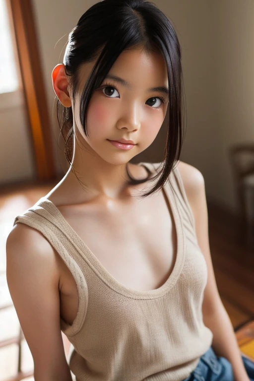 a young woman, panties, downward dog pose on a tile floor, short neon emo pigtails and bangs, shocked open mouth smile, detailed facial features, detailed skin, detailed hair, detailed clothing, beautiful detailed eyes, beautiful detailed lips, extremely detailed face, long eyelashes, cinematic lighting, soft pastel colors, serene, peaceful, photorealistic, 8k, high quality, masterpiece