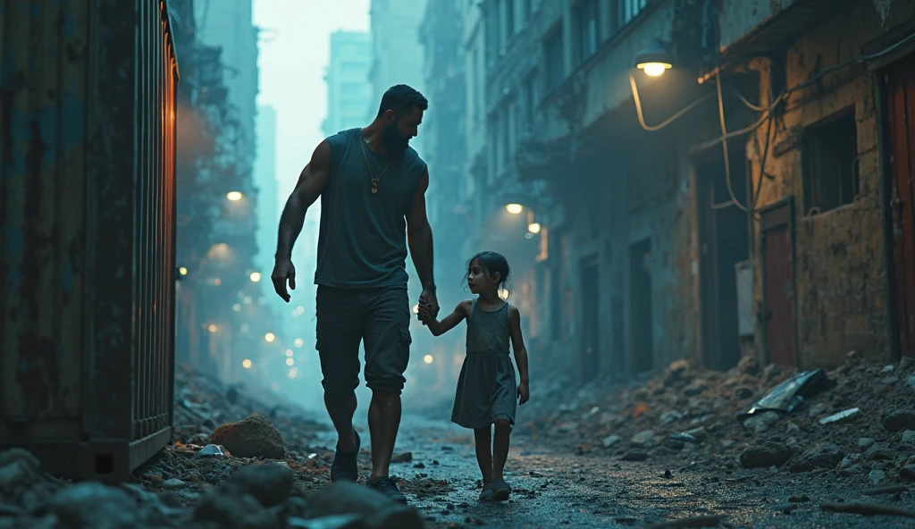 a tall white man carrying a brown skinned girl with bronde hair and a wounded arm