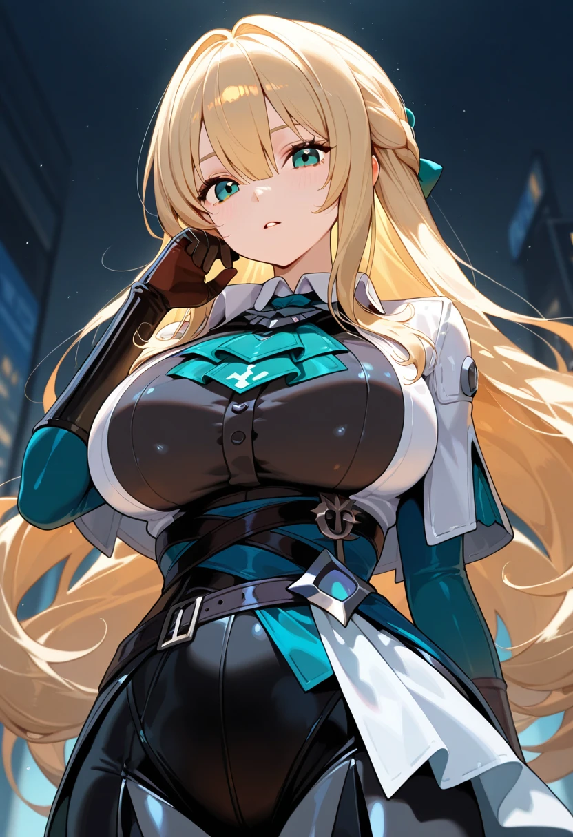 best quality, masterpiece, highres, solo, {fal_girlsfrontline:1.15}, long_hair, blue_eyes, side_ponytail, breasts, bangs, ribbon, bow, ahoge, blush, large_breasts, cleavage, collarbone, blonde_hair, hair_ribbon, blue_bow, very_long_hair, brown_hair, hair_bow, hair_between_eyes, 1girl, animal, black_jacket, choker, closed_mouth, dress, ferret, jacket, looking_at_viewer, open_jacket, white_dress, long_sleeves, off_shoulder, one_eye_closed, simple_background, smile, white_background, open_clothes, bag, cowboy_shot, shiny_hair, short_dress, upper_body