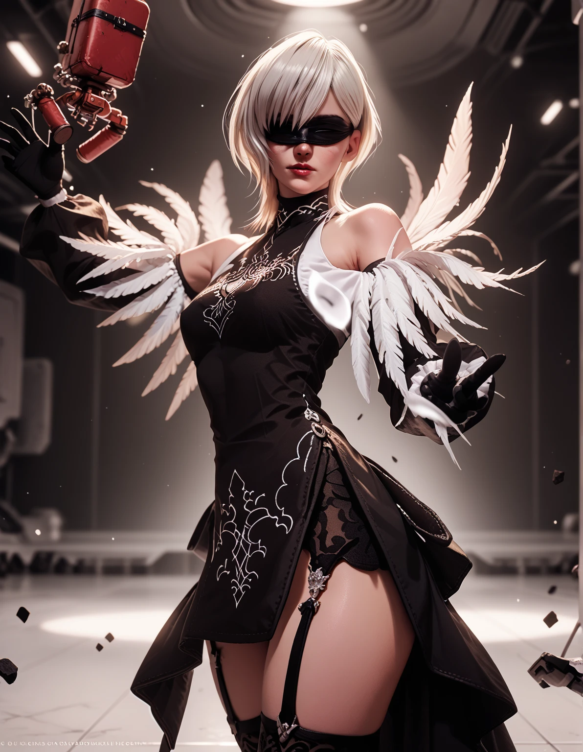 solo, yorha10h, white hair, black blindfold, black dress, short dress, lace-trim, detached sleeves, black gloves, garter straps, thigh-highs, enclosed space, white metal walls, standing in a white walled air-lock, reaching to open the hatch, spindle-shaped hatch handle with a black mark