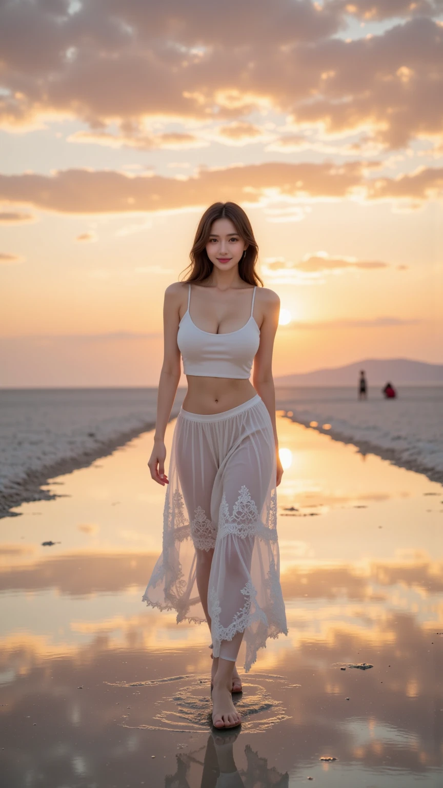18 year old girl,Wearing a tight short,braless,wearing an open jacket to cover nipples, walking at the beach, view from above ,Full Body picture Standing, and butt, naked breast