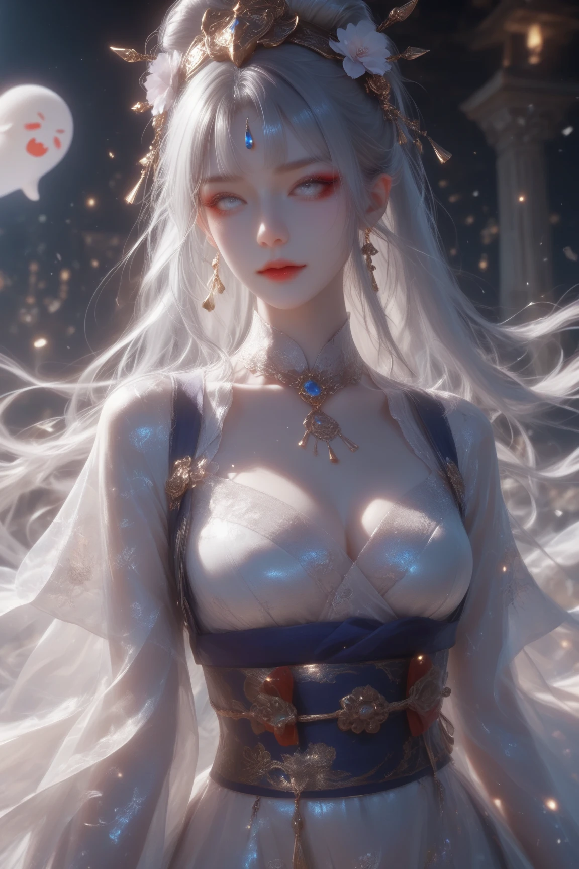 best quality,masterpiece,Ultra-high resolution,(photoactual:1.4),beautiful_Face,Twenty-five-year-old oriental nine-tailed demon fox woman,bright eyes,cleavage,Long silver hair above the waist,Wearing Ming Dynasty clothes(Bright 1：0）,Kagami Hana Suigetsu,Oil paper umbrella in hand,walking room,