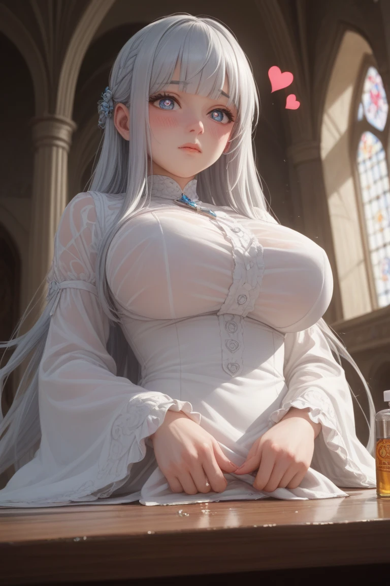 ultra realistic 8k computer graphics, masterpiece, ((ultra detailed background, delicate pattern, complex parts)), queen, goddess, divine, absurdly long hair, very, very long hair, White hair, I look at the viewer,  big breasts, NFV, from the chest, lace, lace trims, lace-trimmed legwear,