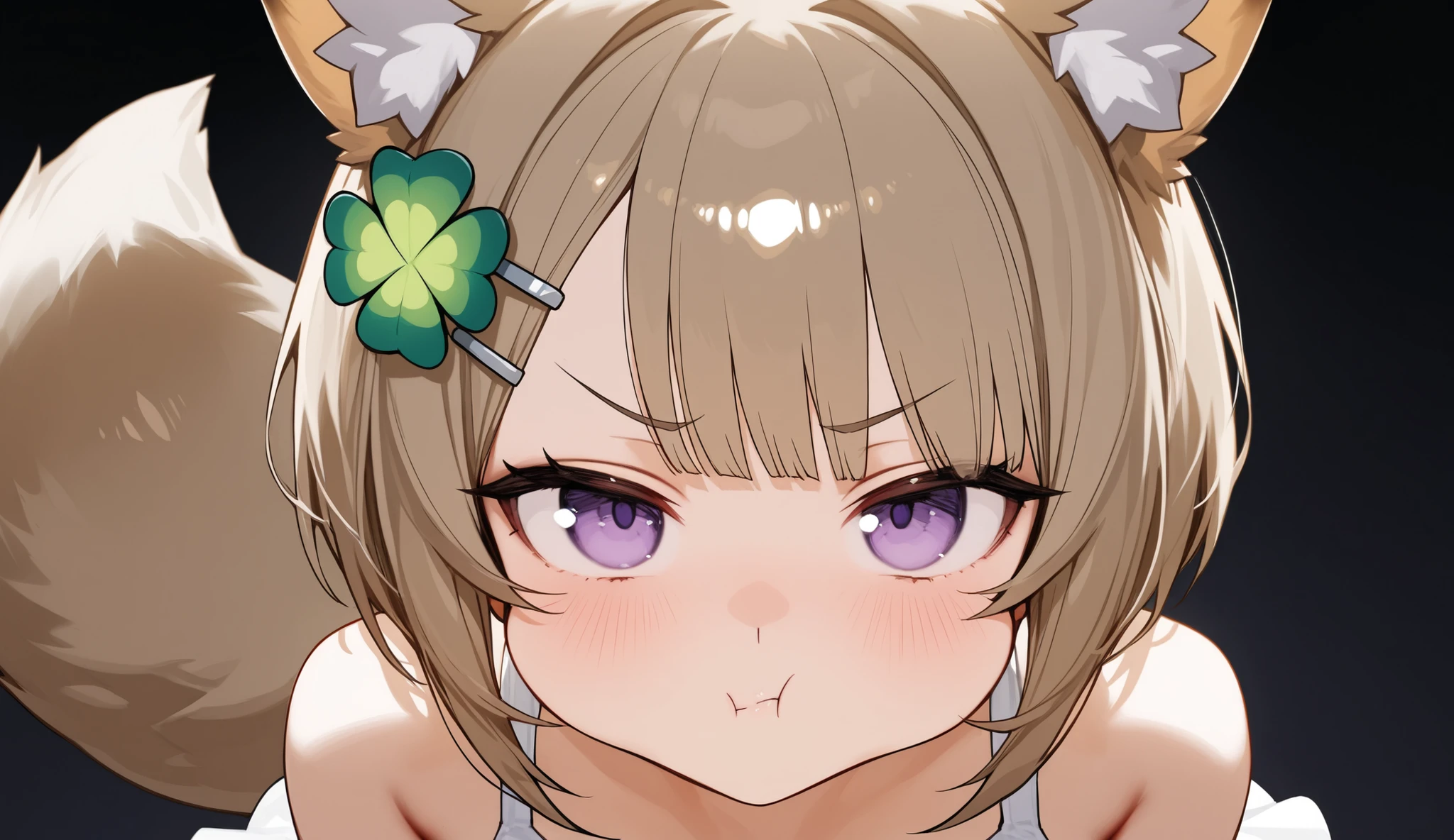 soft weak light, (half-body:1.1), close up, looking at viewer, cute, (1girl:1.2), (center composition:1.2), a young fox spirit girl, empty space on left and right sides, negative space on sides, big fluffy fox tail, the tail starts from under the dress, big beautiful purple eyes, (cute pout lips:1.2), (puffed cheeks:1.1), frowning brows, light brown short bob hair, two green four-leaf clover hair clips, medium breasts, medium hips, white sundress, pattern of blue flowers, dark themed, dark background.
