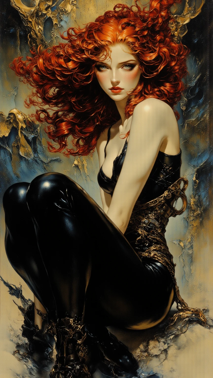 in style of ashley wood,in style of Hans Hartung,in style of Alan Lee
gravure_pose,(1girl,character conceptual design,half body),hands on the ass,bent_over,(silver around the neck sequined evening  long dress ),(very formal),from the front
BREAK
incredibly red long hair,one arm up pose,skin depression,multi-bundle bracelet,leg straps,dynamic action,standing_on_one_leg,Bend one leg,black stockings,in style of Belinda Lyon-【Thickly apply on fine hair】-
