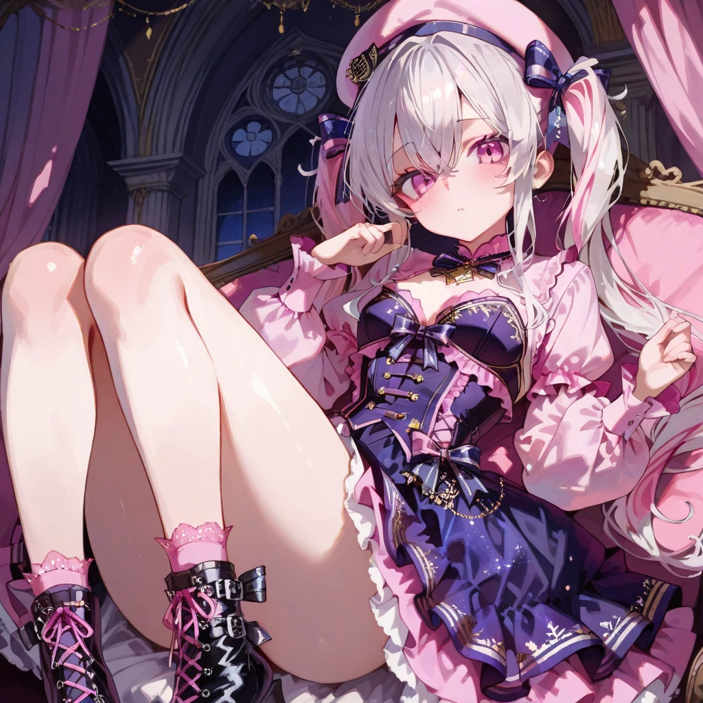 ((Highest quality)), ((masterpiece)), (detailed), One girl, Black frilly outfit, Clothes with ribbons, Half Twin Tail, Crouching,