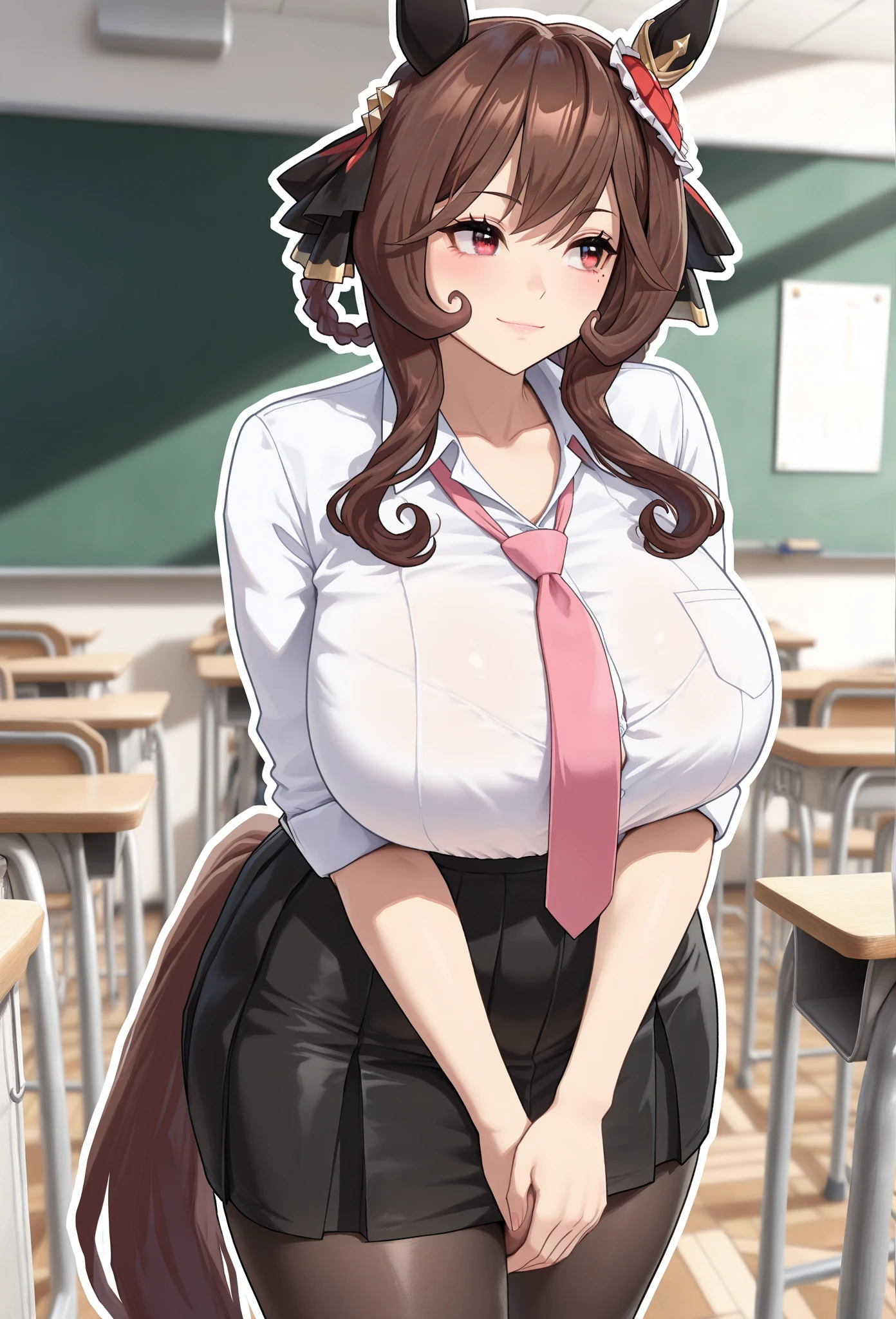 Highest quality,masterpiece, high resolution, nsfw, 1 girl, reverse bunny, huge breasts,pink nipple, belly button, shaved pussy,indoor, cafe, blush, standing, looking at viewer, horse ears, horse tail, Copano Rickey