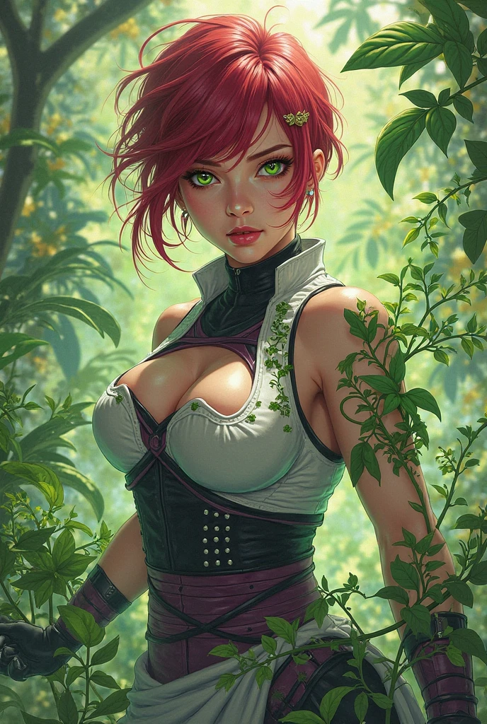 gwen tennyson,tracer,bulma,rebecca chambers,1girl,close up,mayan jungle,aztec clothing,jade head and neck jewelry,short hair,mayan jungle,green eyes,orange hair,shy smile,freckles,redhead,beautiful girl,large breasts,ultra detailed,realistic,fantasy art,