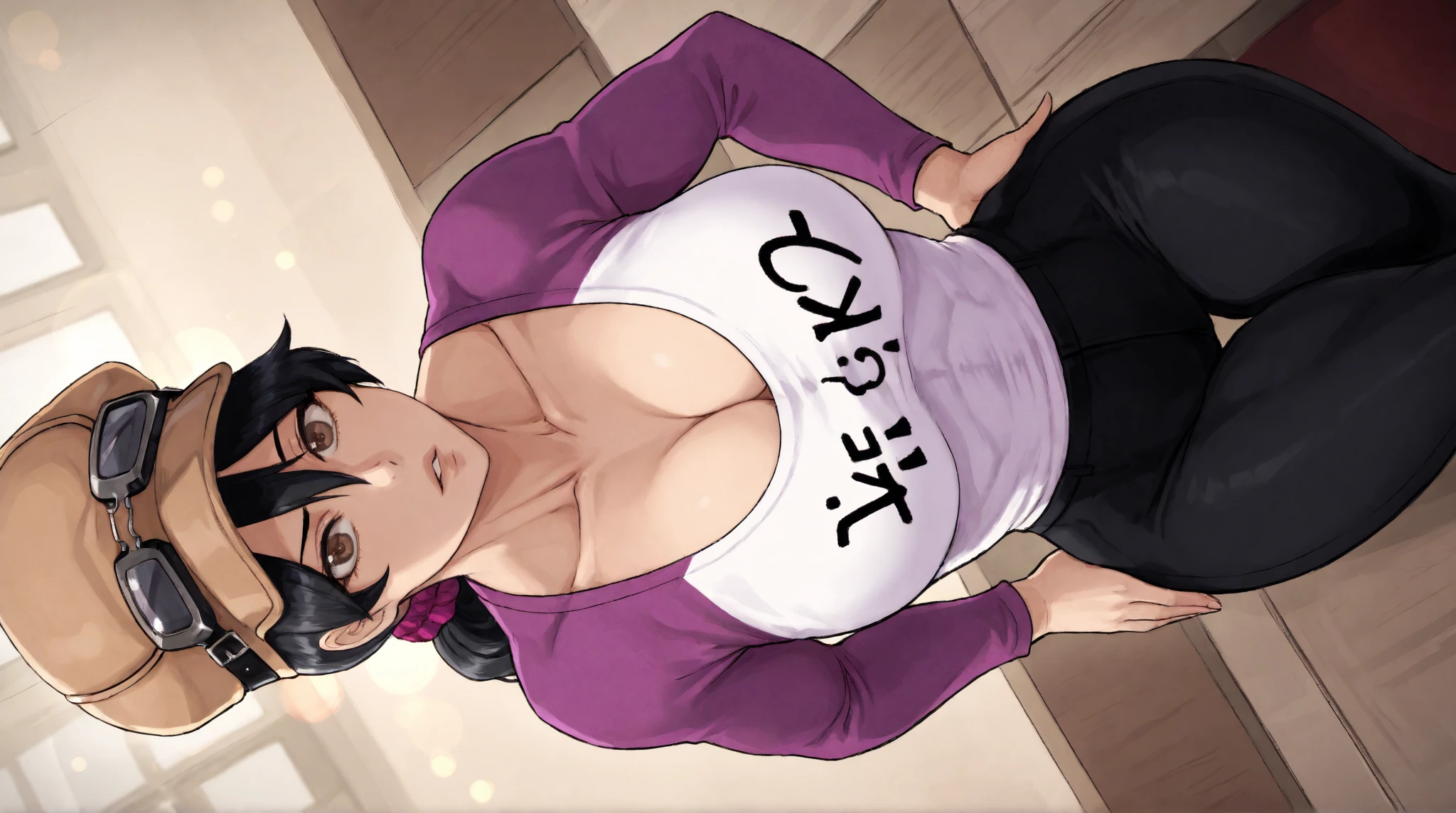 gym, workout, hot, sweating, sweaty, tan, big , tan skin, flustered, blush, purple clothes, see thru, yoga pants, man , sex, having sex, black hair, girl, huge man girl, man and woman having sex at the gym, sex, having sex, eyes closed, closed eyes , clenched teeth, clenching teeth, in pain,  , action lines, movement lines, purple clothing, purple, having sex, bare vagina, bare penis