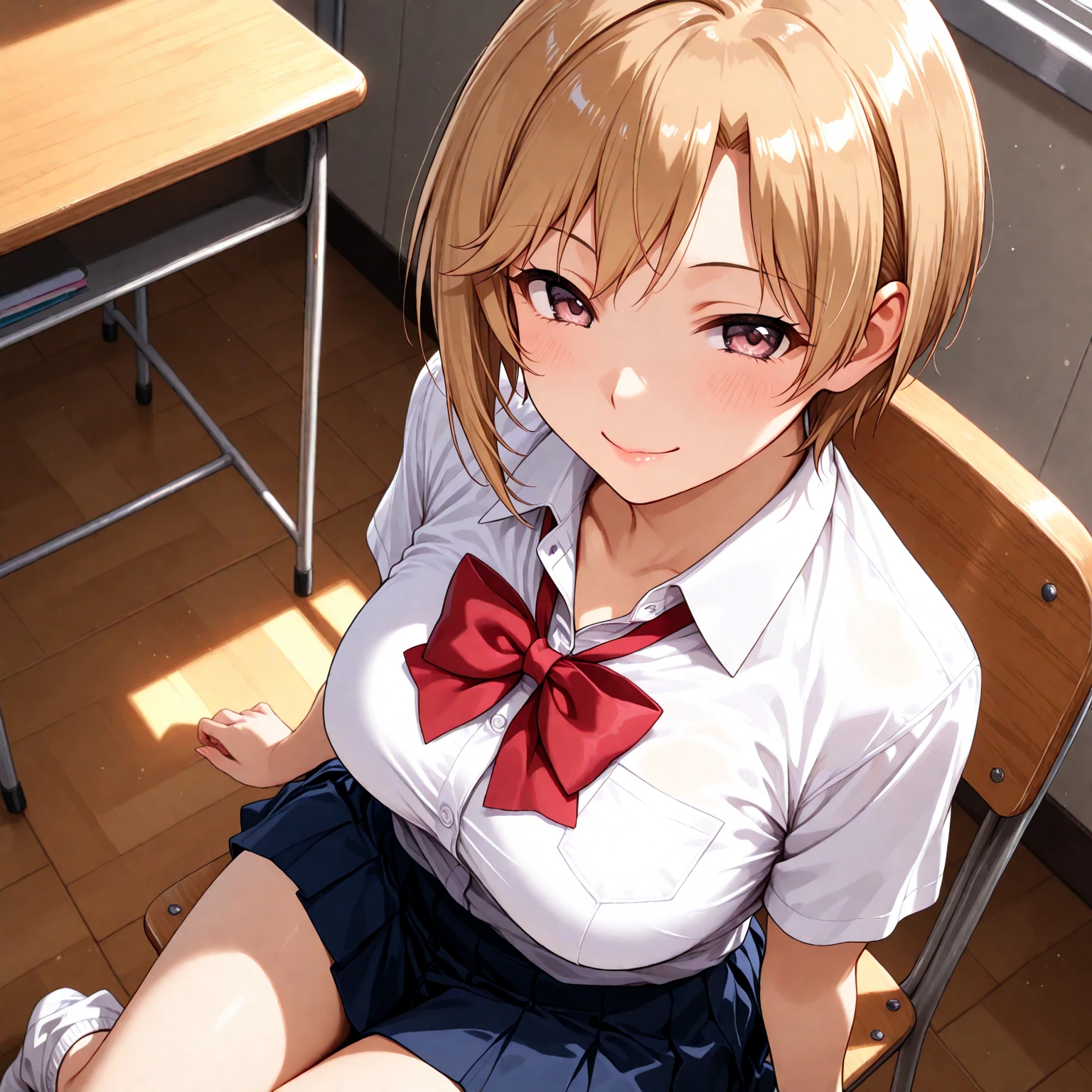 (Masterpiece:1.3、highest quality、Ultra-high resolution、Super detailed)、(Real:1.1、Photorealistic:1.4)、Beautiful illustrations、Perfect lighting、colorful、Border Depth、Beautiful hair in every detail、Beautiful face in every detail、Beautiful definition details、Beautiful clavicle、Beautiful body、Beautiful breasts、Beautiful thighs、Beautiful legs、Beautiful fingers、Show Viewer、1 girl、Japanese、high school girl、Perfect Face、(Perfect Anatomy、Anatomically correct)、Cute and symmetrical face、Baby face、Skin radiance、(Camel Toe:1.5、Shaved:1.2)、Blonde、Asymmetrical Bangs、blue eyes、Long eyelashes、(Chest)、Skinny、(Pull up your skirt、Not wearing underwear、No underwear:2、No bra:1.5)、((Collared short-sleeved shirt、White shirt、White panties、)Grey plaid pleated skirt、There is nothing attached under the skirt))、(Beautiful views)、noon、(classroom、distant cityscape)、Are standing、(She&#39;s pulling up her skirt herself:2)、(Cute smile、Blushing、Looking up、Open your mouth)、 (White knee socks:1.5)、hour々squat:1.2、Stick your fingers in your:1.2、