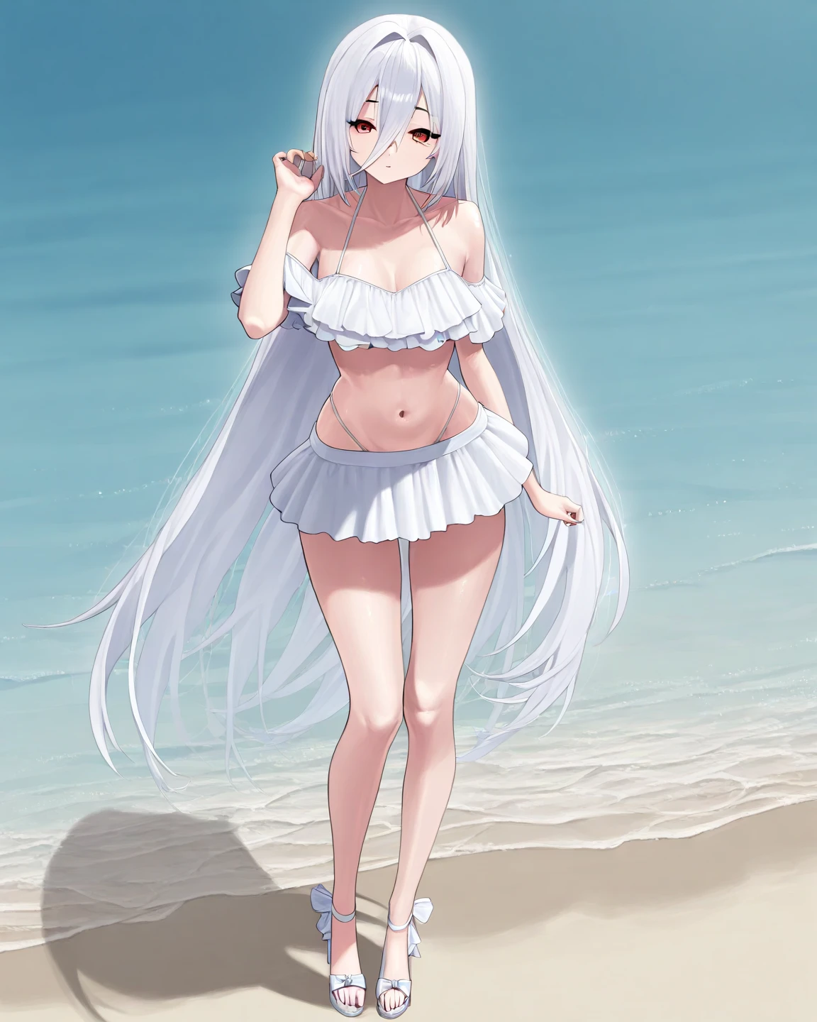 {{masterpiece}}, best quality, 1girl, black bikini, <lora:sakurakouji luna v2.1-000015:1>, full body, hair ribbon, standing, bare legs, beach, ocean,