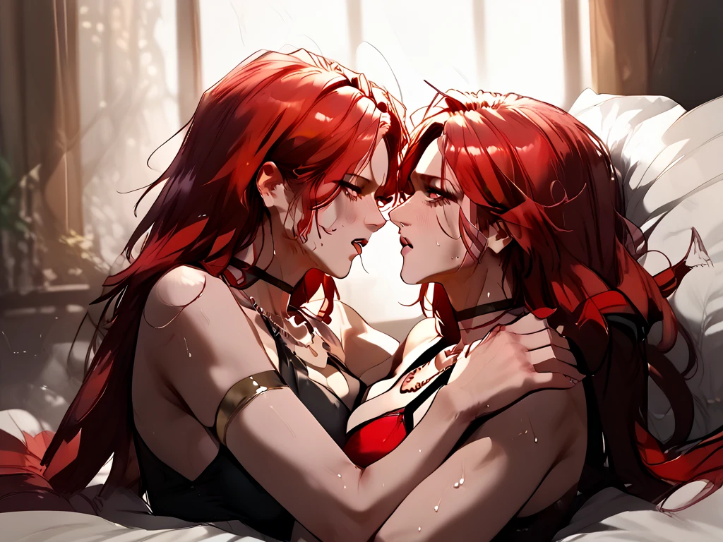 (2 girls:1.1) (very close up:1.1) (missionary position:1.2) (legs in air:1.2) (looking into each other's eyes:1.2) (kissing:1.2) (adult woman:1.2) (topless:1.1) (elaborate beautiful red gold:1.2) (ruby red chains on wrists) (ruby red halo) red rose choker, night, dark cozy bedroom, mood lighting, on bed, very large breasts, large butt, thin waist, Long HAIR, (blonde hair), (loving look:1.4), Dynamic Angle, (detailed face:1.3) (dynamic lighting:1.1), (ruby red eyes) (ruby red leaf bracers on arms) (ruby red leaf hair piece) (elaborate ruby necklace) (red roses on bed) (red roses in hair) (stunning beautiful red eyes)