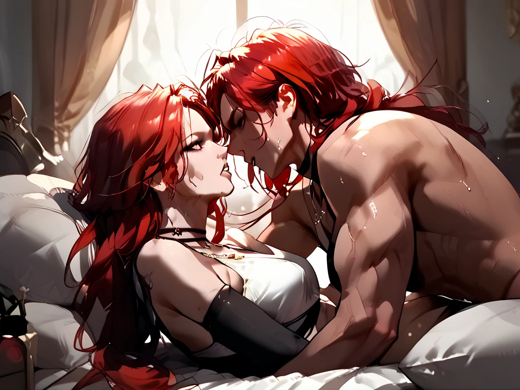 ((Highest quality)), ((masterpiece)), (detailed), (Perfect Face)、The woman is Queen Zelda of the Gurd tribe, blonde with blue eyes and naked.、The man is a dignified, middle-aged man of the Gerudo tribe, with a beard, muscular red hair and dark skin, King Ganondorf, the king of the Gerudo tribe, and is naked.、On the bed in the luxurious bedroom of the Gerudo royal family, the man and woman embrace and kiss each other while making love and having insemination sex, with the man's penis entering the woman's vagina and ejaculating a large amount.、A queen and a king in love