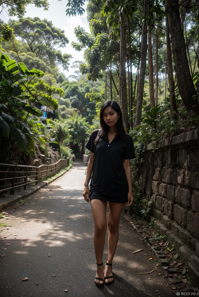 A cute HAPPY girl, small and cute, ragged black fur, jungle, yamanaka, crying face, Burnt and tattered skirt, Torn and tattered skirt, Burnt and tattered shirt, Shirt WITH BROKEN and tattered, whole body が泥で汚れている, walking, whole body, walking down a trail in a RED top