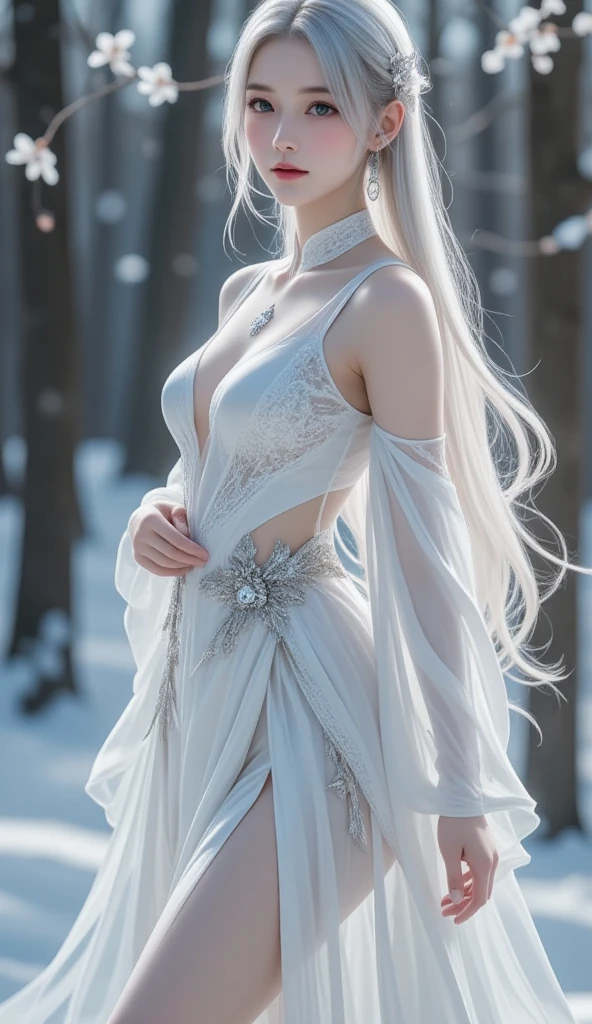 unsurpassed masterpiece, Ultra photo realsisim, perfect artwork, intricate details, Best Quality, strong light,High contrast, the night, Starlights, northern lights, (((back light))), Glowing Hair, Girl sitting on a white ice throne, , a beaut, blurred background, Smile, breeze, (((diamond_necklace))), (((snowing,Snow Flower))),
