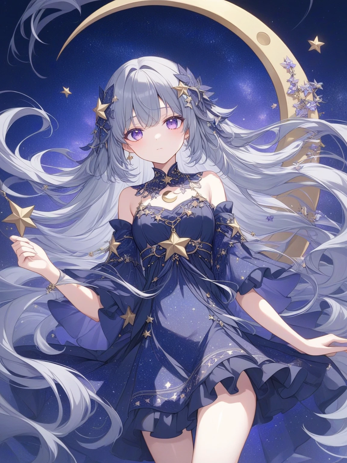 Attention to detail, Very detailed, Ultra-high resolution, Purple eyes,Gray Hair,Girls having fun in fantasy galaxy, Surrounded by stars, A warm light shines on her, The background is a starry sky,There are colorful galaxies and galactic clouds, The stars fly around her, Delicate face, Add some fun ,