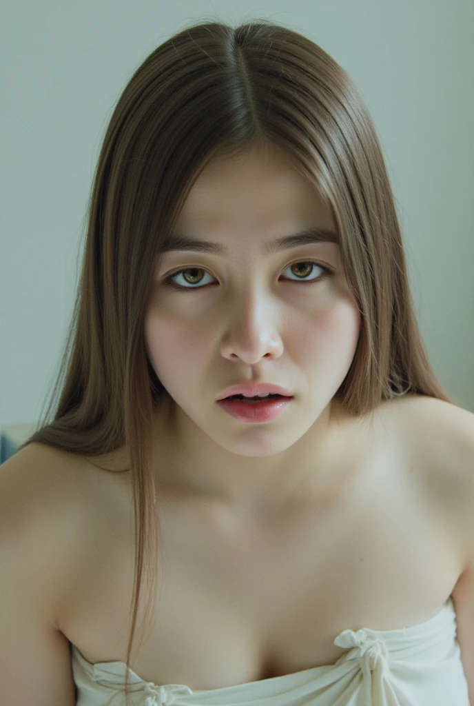 ((Cute Girl, Realistic Skin, Best Quality, 8K, Masterpiece)), 1 Girl, Slim Body Beauty: 1.4, Brown Hair, (Big: 1.3), Ultra Detailed Face, Detailed Eyes, Double Eyelids, in bed, naked, nude, fullbody, showing , showing vagina, realistic skin detailed,