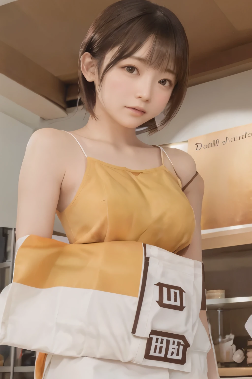 8k, raw photo, best quality, hires, realistic, photorealistic, extremely detailed 8k wallpaper, beautifully detailed eyes, finely detailed face,
 break 
rim lighting to YamazakiDaily, bokeh,
 break 
perfectly anatomically correct:1.2,
 break 
wonderful YamazakiDaily,
 break 
((1 female in storefront of YamazakiDaily:1.3, konbini scenery:1.3, midnight)),
(eating Curry bread by stand:1.4),
looking back viewer,
short hair bun, kawaii like an angel, cute natural anime face,
symmetrical clear eyes, chocolate color eyes with captivating reflections,
symmetrical face line, stereoscopic projection of  face,
[gentle narrow eyes, wide-set eyes, moderate eye bags, reverse banana-shaped round eyes, tareme, [double eyelids]],
small face, round face, rounded jaw, [oval-shaped face, [thin lips, small nose, chiseled face], blush, embarrassed], healthy skin color,
high tensioned creases form in clothing due to lifted beautiful ideal ellipse shaped medium soft ASS upturned,
[skindentation around sensual underbuttocks exposed],
wearing a school uniform,
 break 
by panolama lens, backshot from side, from below