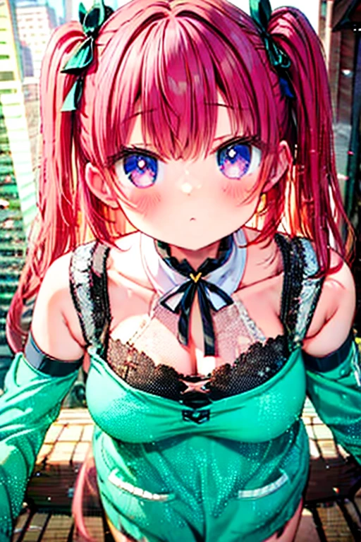 best quality, insanely detailed, nino nakano, breasts, blush, outdoor background, bare-shoulder, looking at viewer, garter strap, a black ribbon, stockings, pussy, smile, lingerie garterbelt
