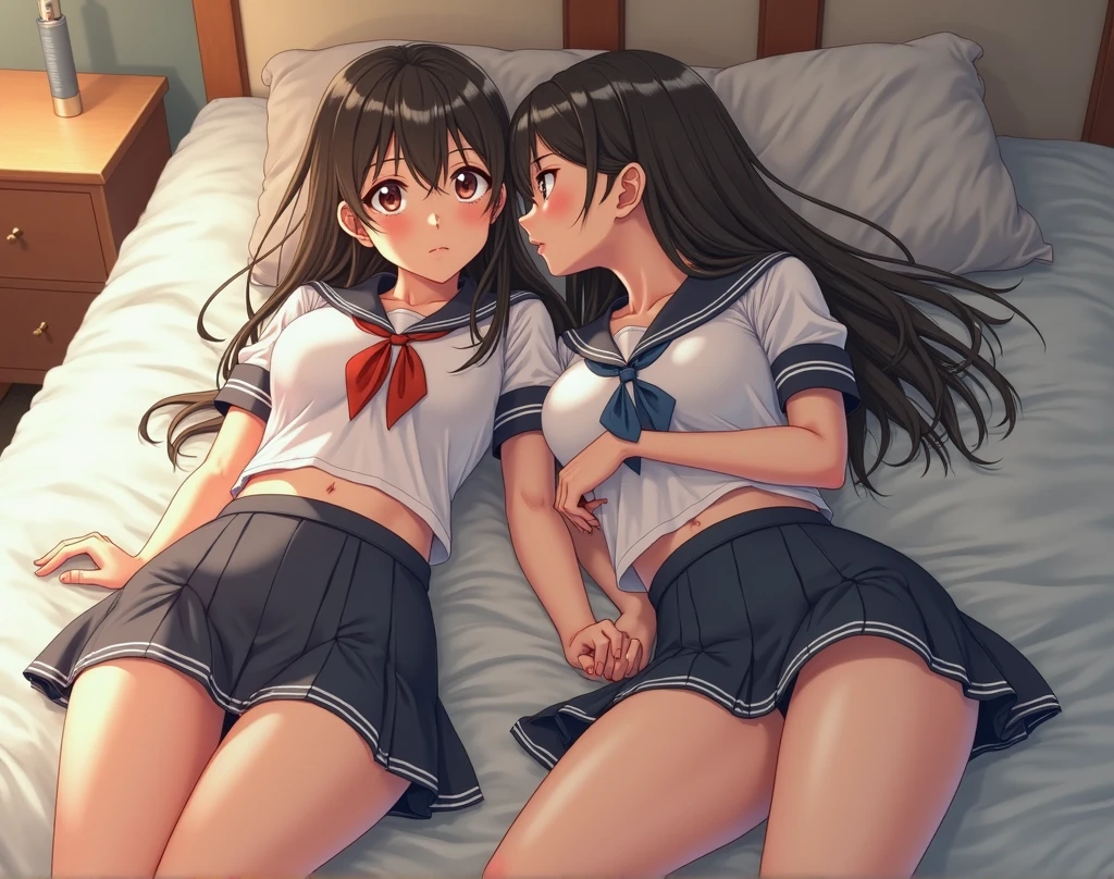 A high school girl in a sailor uniform who is feeling unwell is lying on a bed in the nurse's office.