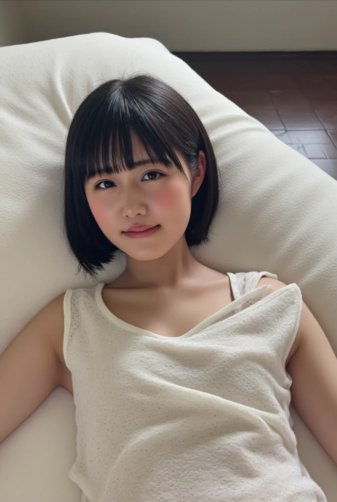 Japanese,Beautiful 6 years old,Baby Face、Upper body image、Ultra-flat chest:1.85、Ultra short height、An innocent smile、Flat Chestのクローズアップ、Flat Chest:1.85、cute,Primary school students,clavicle、Primary school studentsの私服、Summer clothes、So small and so young、On the bed:1.85、She has her arms open wide waiting for a hug:1.85