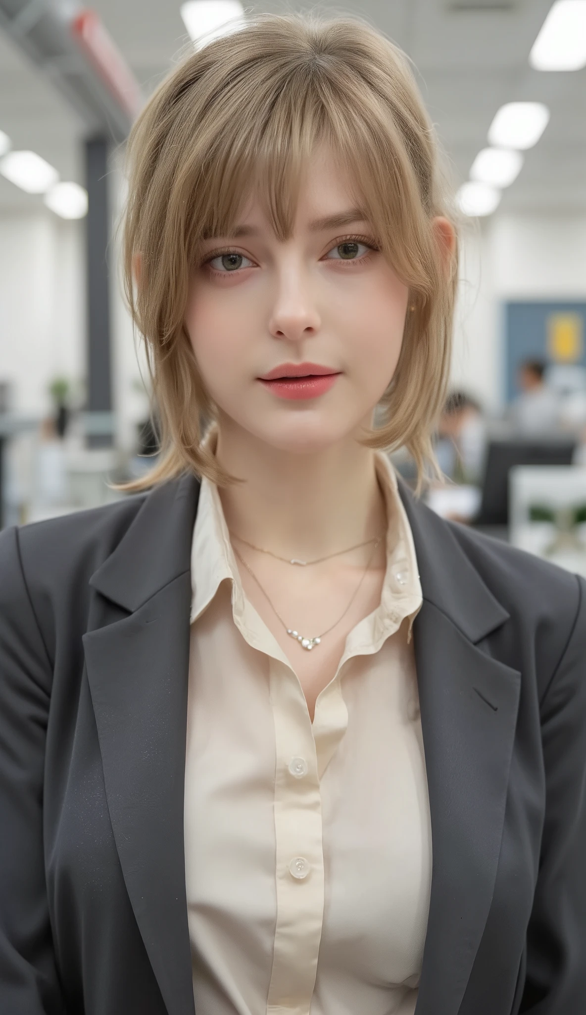 Masterpiece、high quality,masterpiece,(((beautiful bob hair))),((Milk Tea Colored Hair))、Neat young woman looking at camera、office lady suit、jacket、shirt、necklace、background is office