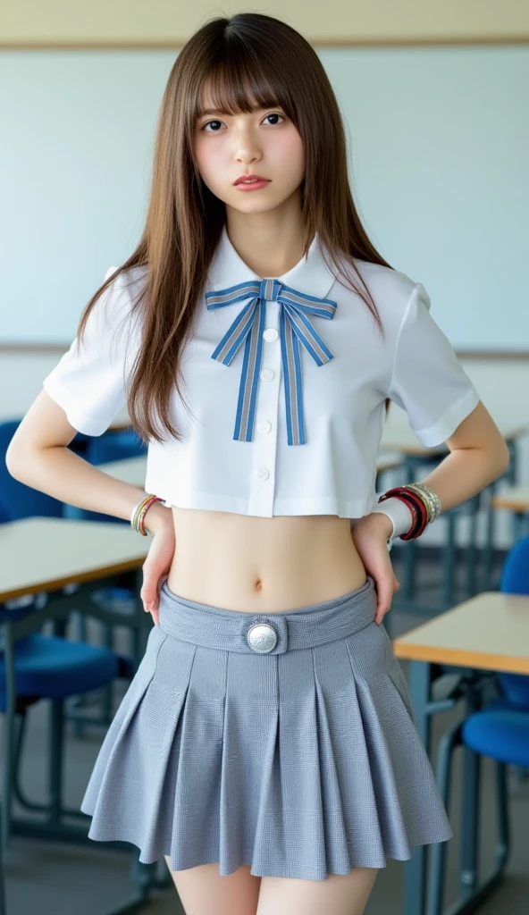 Short Sleeve School Uniforms, Miranda Cosgrove, ((Realistic lighting, Best quality, 8K, Masterpiece: 1.3)), Focus: 1.2, 1girl, Perfect Figure: 1.4, Slim Abs: 1.1, ((Dark brown hair)), (school uniforms: 1.4), (Outdoor: 1.1), junior high_school room, Super fine face, Fine eyes, Double eyelids, complete body、anatomically accurate body、White short-sleeved summer uniform、(Short uniform that (shows the belly button))、Short skirt with visible thighs、