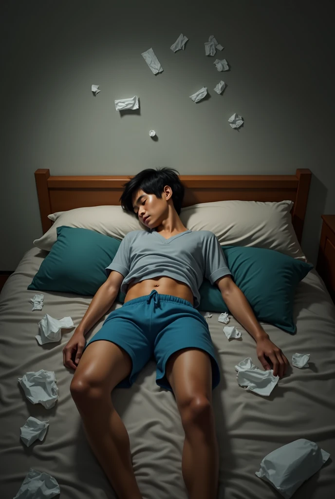 man lying in bed in depression, gave up on life, messy room, medicines thrown on the floor