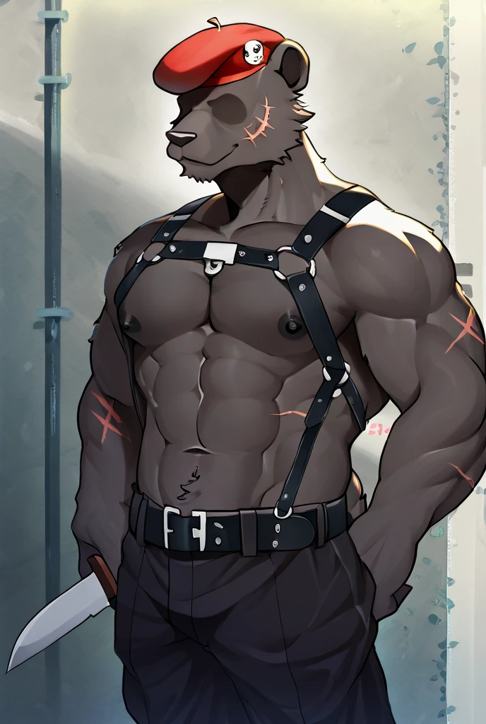 anthropology, wolf, hairy, black and white fur, fat, old-age, hairy, jockstrap , Sweating, Sparkling blue eyes, Big pink‚ with big‚ abs‚ handsome‚ sex, smile, collarbone, pink nipples, nipple piercing, on the street, harness, harness ring, black pants, pants zipper open, high quality, super detail, 1080P, high quality, high quality, best quality, 8k, super detail, 16k