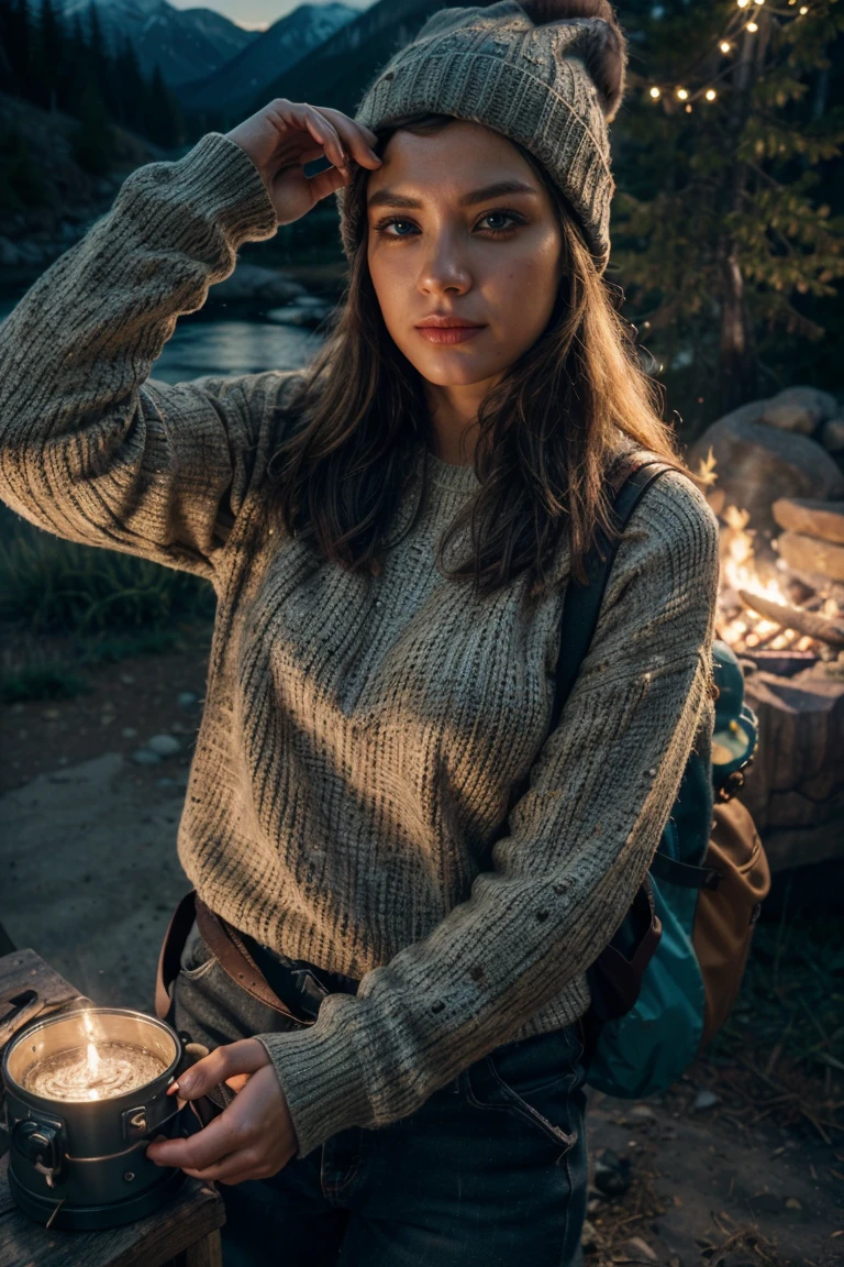 attractive nordic woman holding a lantern, soft light, shy, ((upper body selfie, innocent)), masterpiece, best quality, ultra-detailed, solo, outdoor, (sunset) , mountains, nature, (stars, sun) , shy, backpack, sleeping bag, camping stove, water bottle, brown cowboy boots, cowboy hat, red plaid shirt long sleeve top buttons open, lantern, forest, rocks, river, wood, smoke, shadows, contrast, clear sky, style, (warm hue, warm tone: 1.2), close-up, cinematic light, side lighting, ultra high resolution, best shadow, RAW, upper body, wearing lingerie, seductive look, huge breasts, 4k, open neckline, sexy --auto --s2